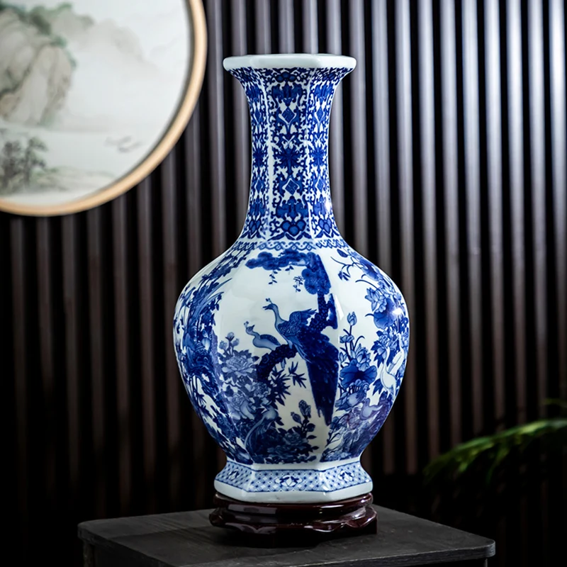 Jingdezhen Porcelain Vase For Plants Blue And White Ceramic Vases For Flowers Large Garden Bird Peacock Ceramic Vase Chinese