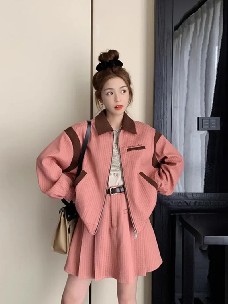 

MiiiiX Sweet Casual Style Jacket Skirt Suit Women's 2024 Autumn Patchwork Loose Striped Design Coat Pleated Skirt Two-piece Set