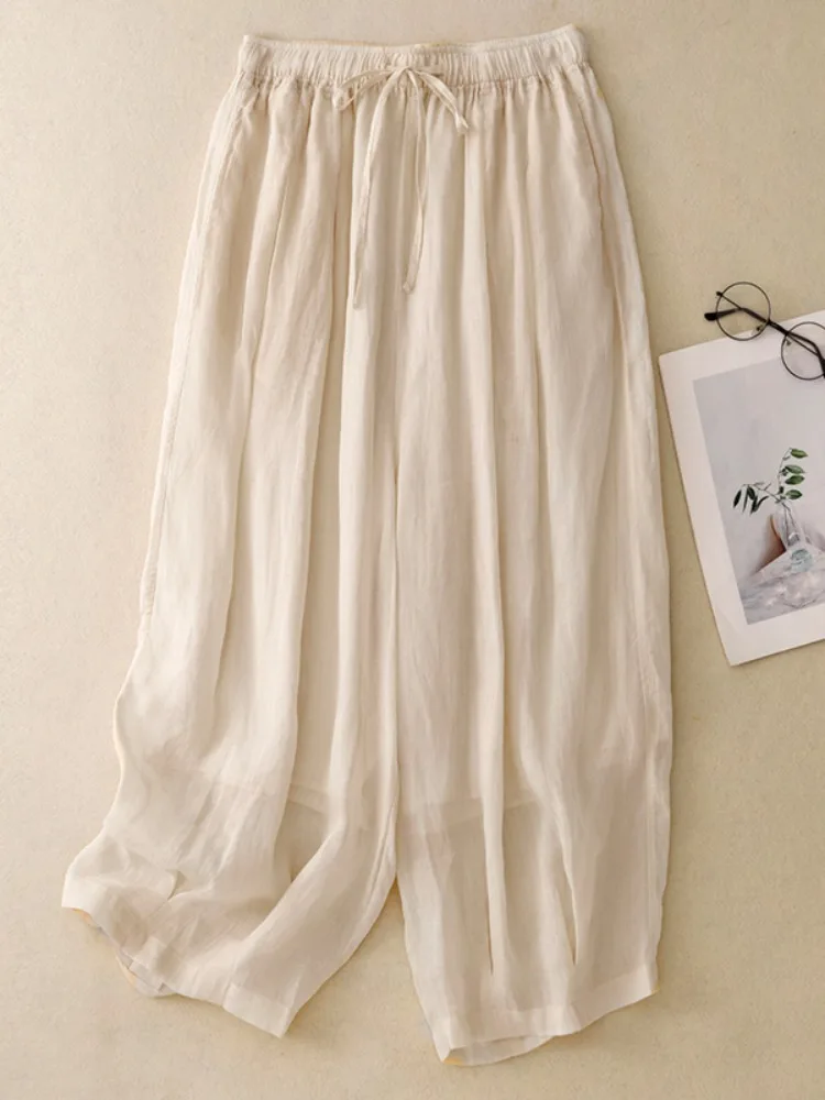 Künstlerische doppellagige Hanf-Laternenhose für Damen, Sommer, elastische Taille, lockeres, weites Bein, neun Punkte, Baumwollleinen, Freizeithose