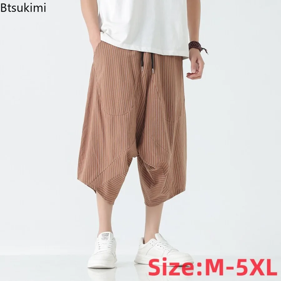 Summer New Chinese Style Men Striped Harem Pants Plus Size Seven Trousers Loose Lantern Radish Nepal Casual Long Pants for Male