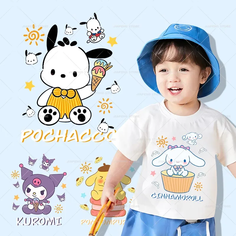 

Cute Sanrio Pochacco Stickers For Kids Clothes Cinnamoroll Purin Patch Iron on Transfers For Clothing Kuromi Applique Decor DIY