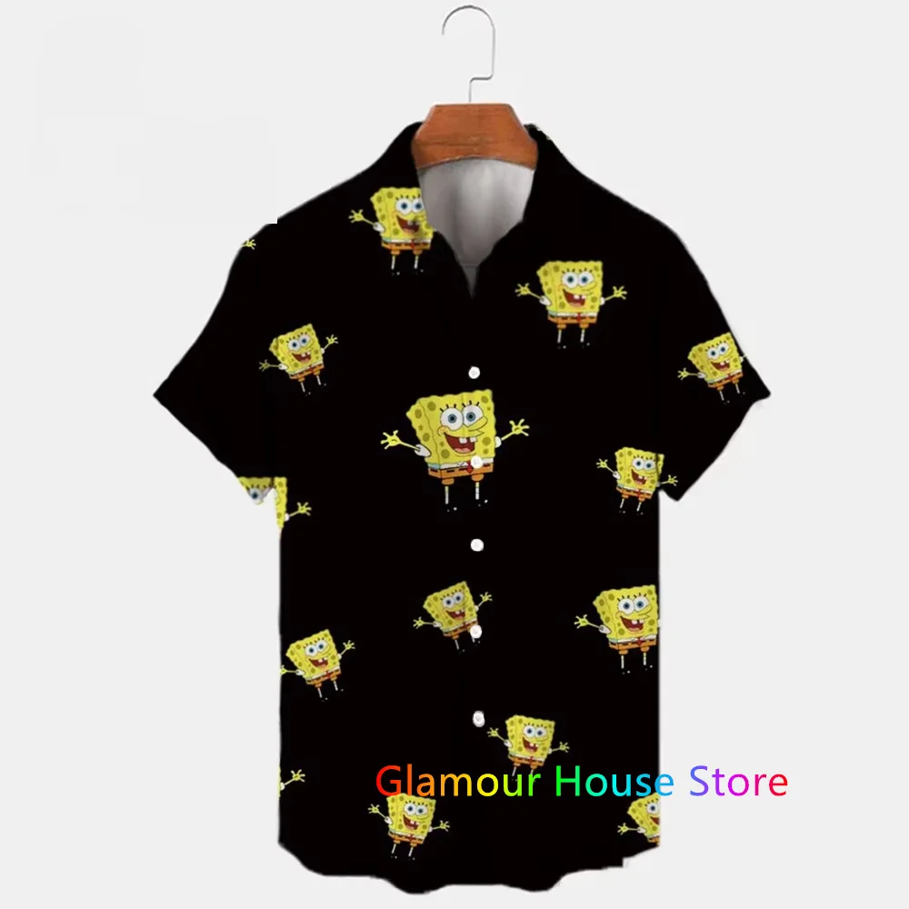 MINISO New Men's Lapel Short Sleeve Hawaiian Shirt Summer Spongebob Pattern Print Harajuku Casual Street Trend KIds/Adult ​Tops