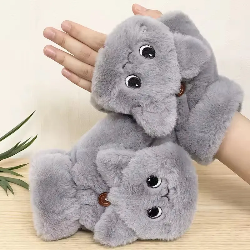 Cute Cat Plush Flip Half Finger Gloves Women Fashion Soft Skin Friendly Gloves Winter Writing Office Flexible Half Finger Gloves
