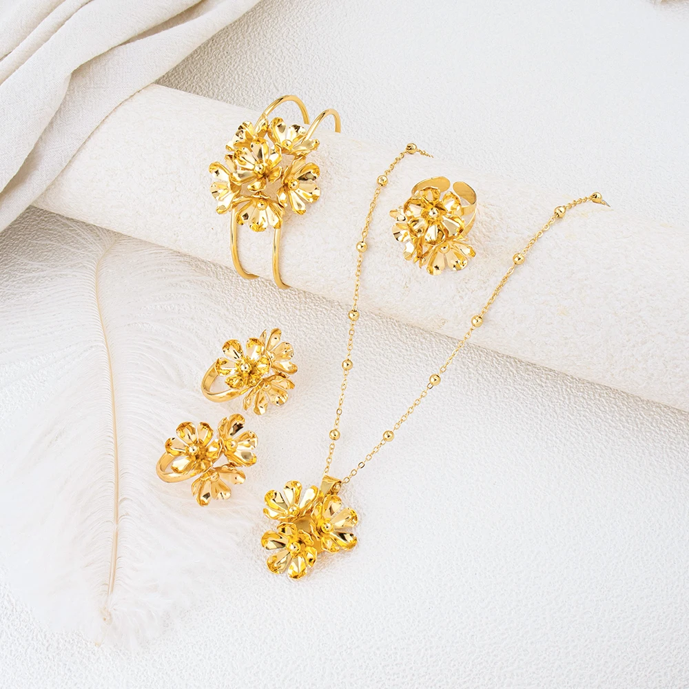 Dubai Blumen-Schmuckset Halskette Ohrringe Armband und Ring Damen-Accessoires Perfekt für Hochzeiten Geschenke und Großhandel – Detail 3