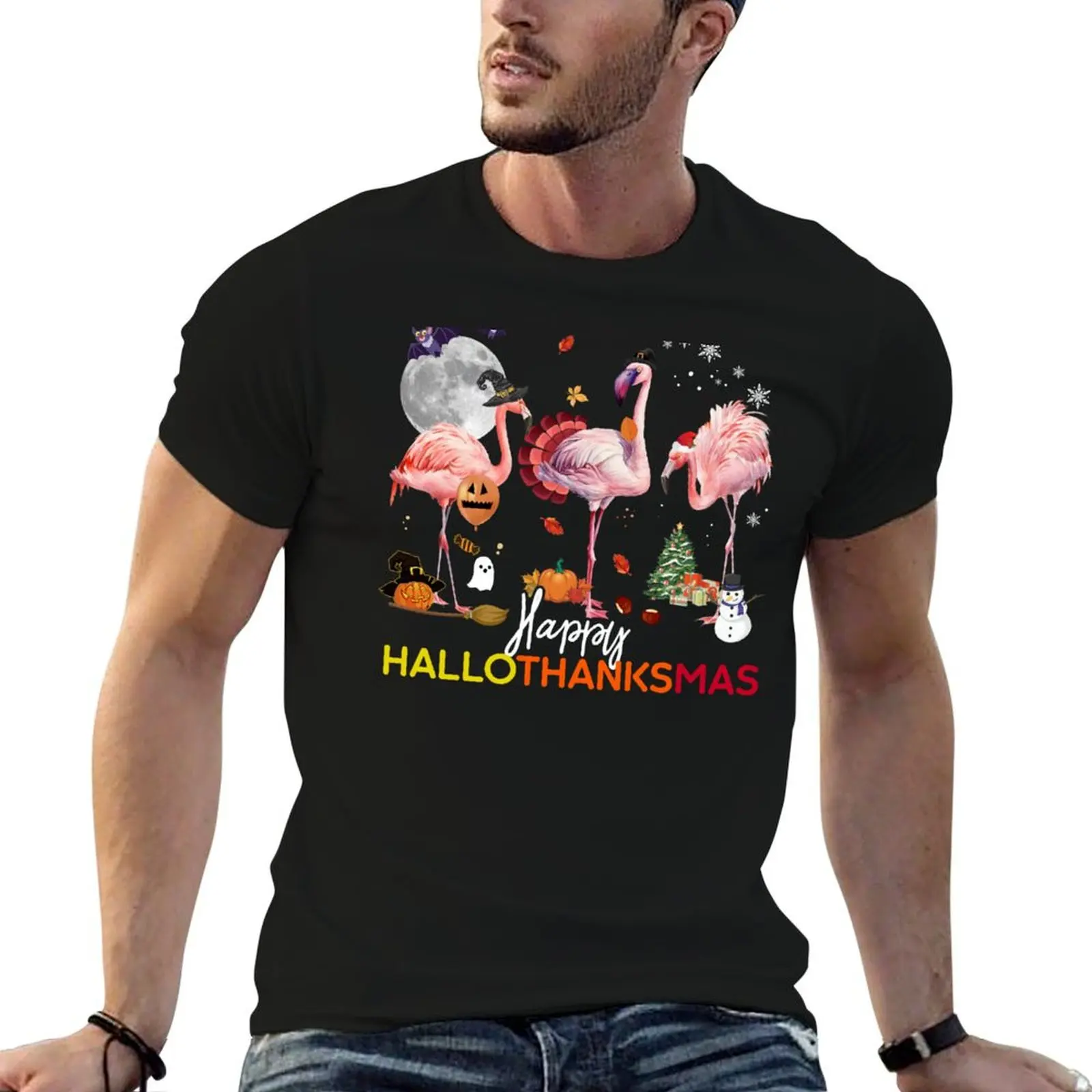 Flamingo Happy Thanksmas Hallothanksmas T-Shirt t shirts designer funny t shirts man T-Shirt