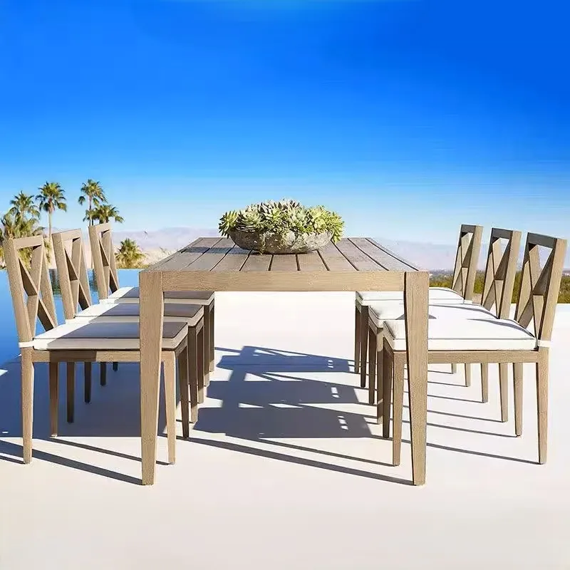 ！@Modern Outdoor Anti-corrosion Teak Table Chair Courtyard Leisure Long Table Garden Solid Wood Waterproof Teak Furniture