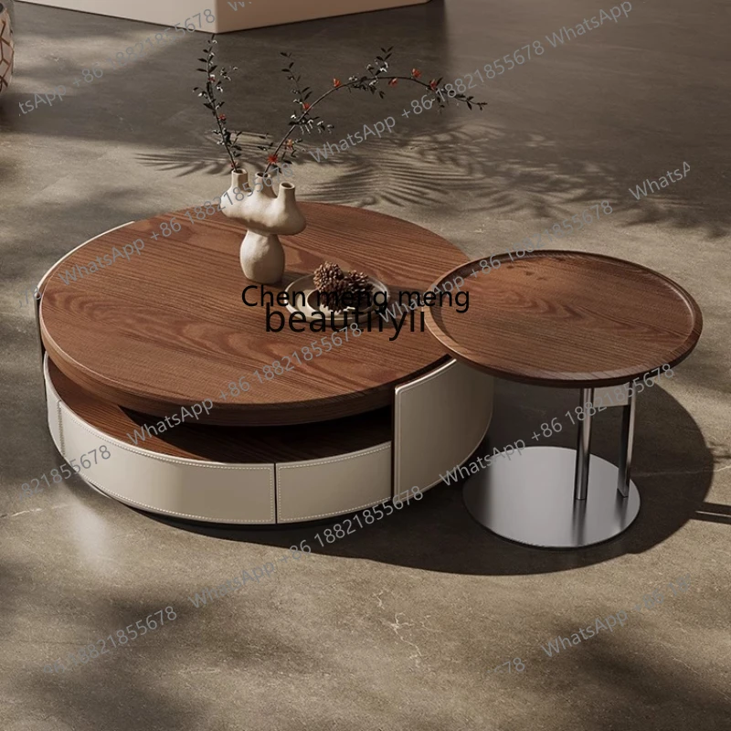 

Retro Style Saddle Leather Tea Table Living Room Home Light Luxury Mid-Ancient Walnut round Tea Table Combination