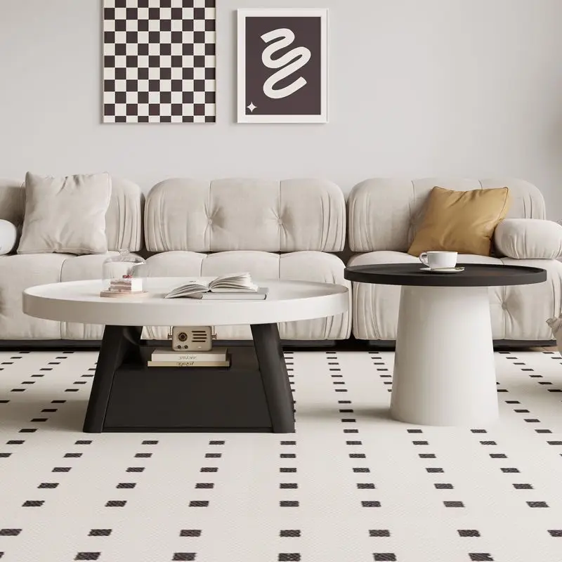 

French retro style black and white minimalist round cream style coffee table small apartment table living room home light luxury