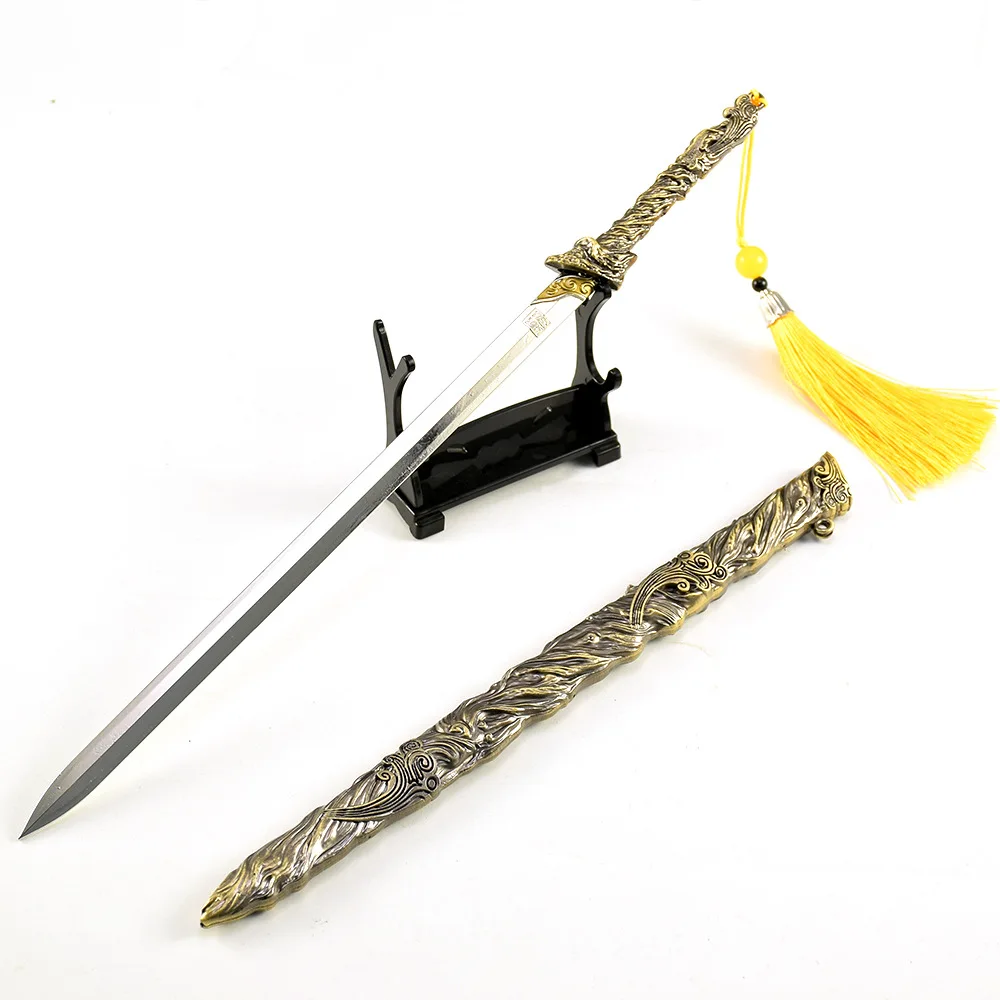 Arma fría antigua china de 30 CM, espada Tian Di Xuna Huang, modelo artesanal de Metal, adornos de escritorio coleccionables, regalos creativos, juguete para niño