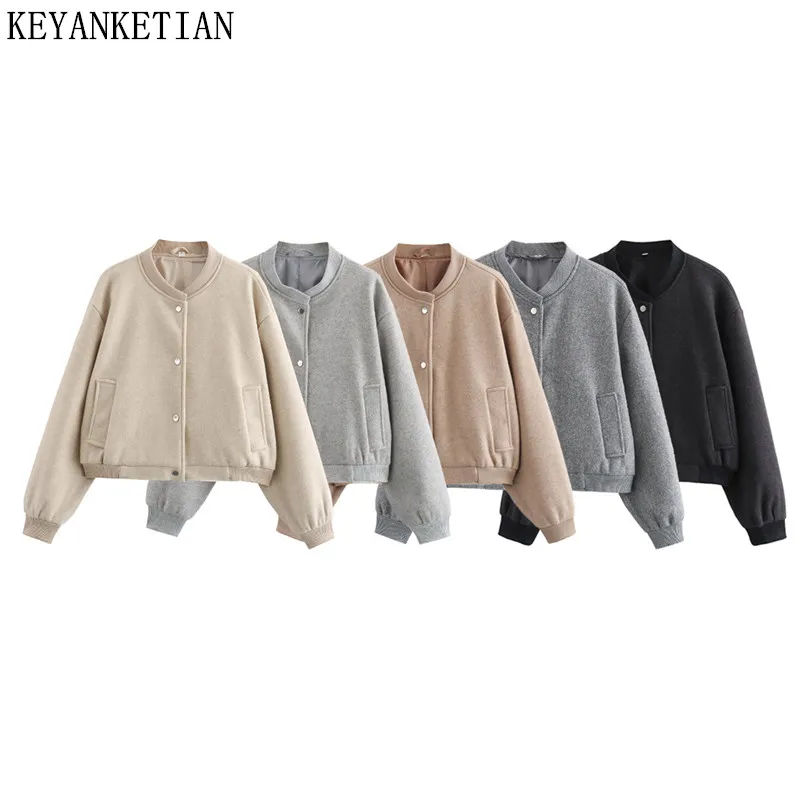 

KEYANKETIAN Autumn and winter new women round neck long sleeved single breasted double pocket woolen baseball jacket women coat