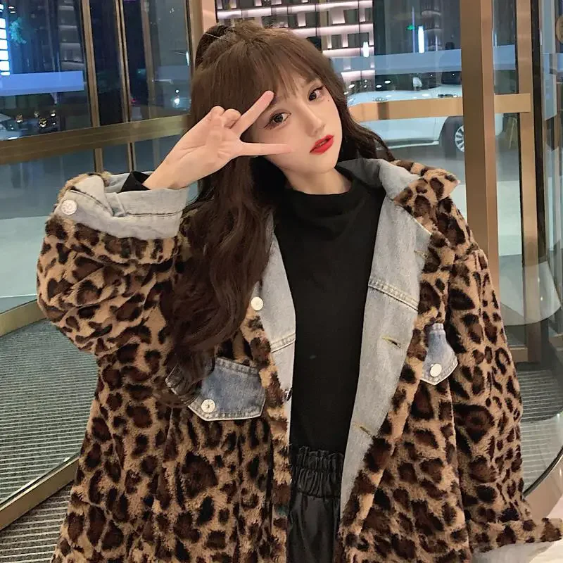 Women\'s Fur leopard-print Short Thick Imitation Mink Casual In The New Autumn and Winter Lamb Wool Denim Two-sided Coat Jacket