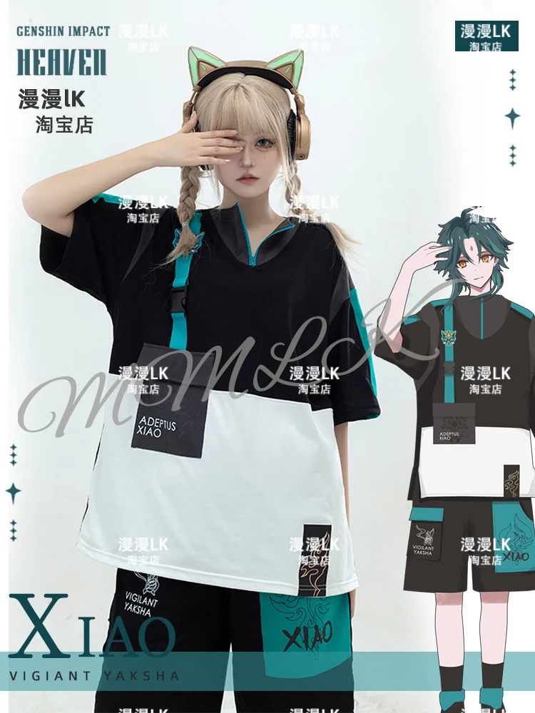 Anime Spiel Genshin Impact Xiao Cosplay gleichen Stil T-Shirt Männer Frauen Sommer uniform kurz ärmel ige Top Shorts Anzug Kostüm