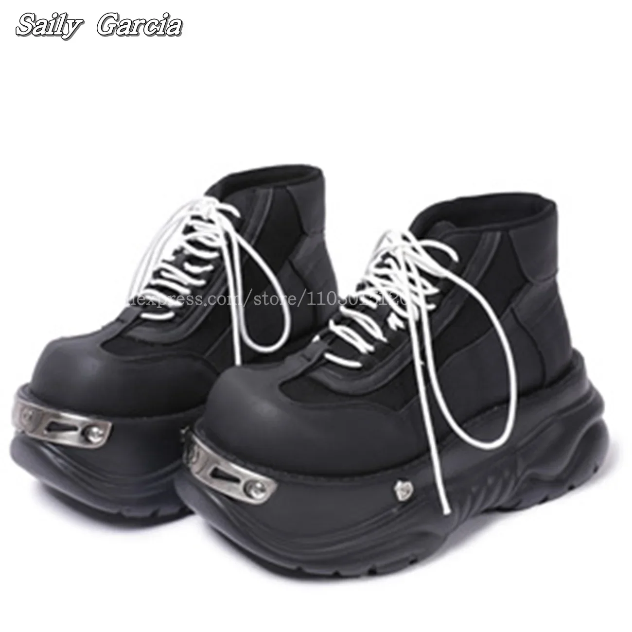 

Punk Style Metal Decoration Chunky Heel Ankle Boots Black Air Mesh Metal Rivet Big Toe Shoes Round Toe Height Increasing Boots