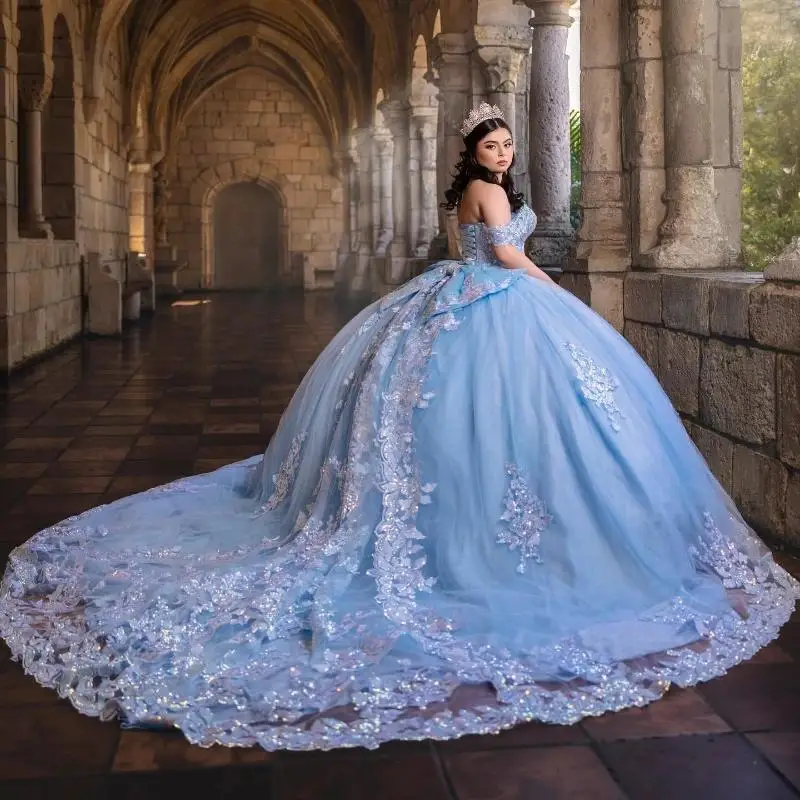 

Sky Blue Quinceanera Dresses Off The Shoulder Lace Applique Bow Beads Tulle Ball Gown Birthday Party Sweet 16 Dress Vestidos 15