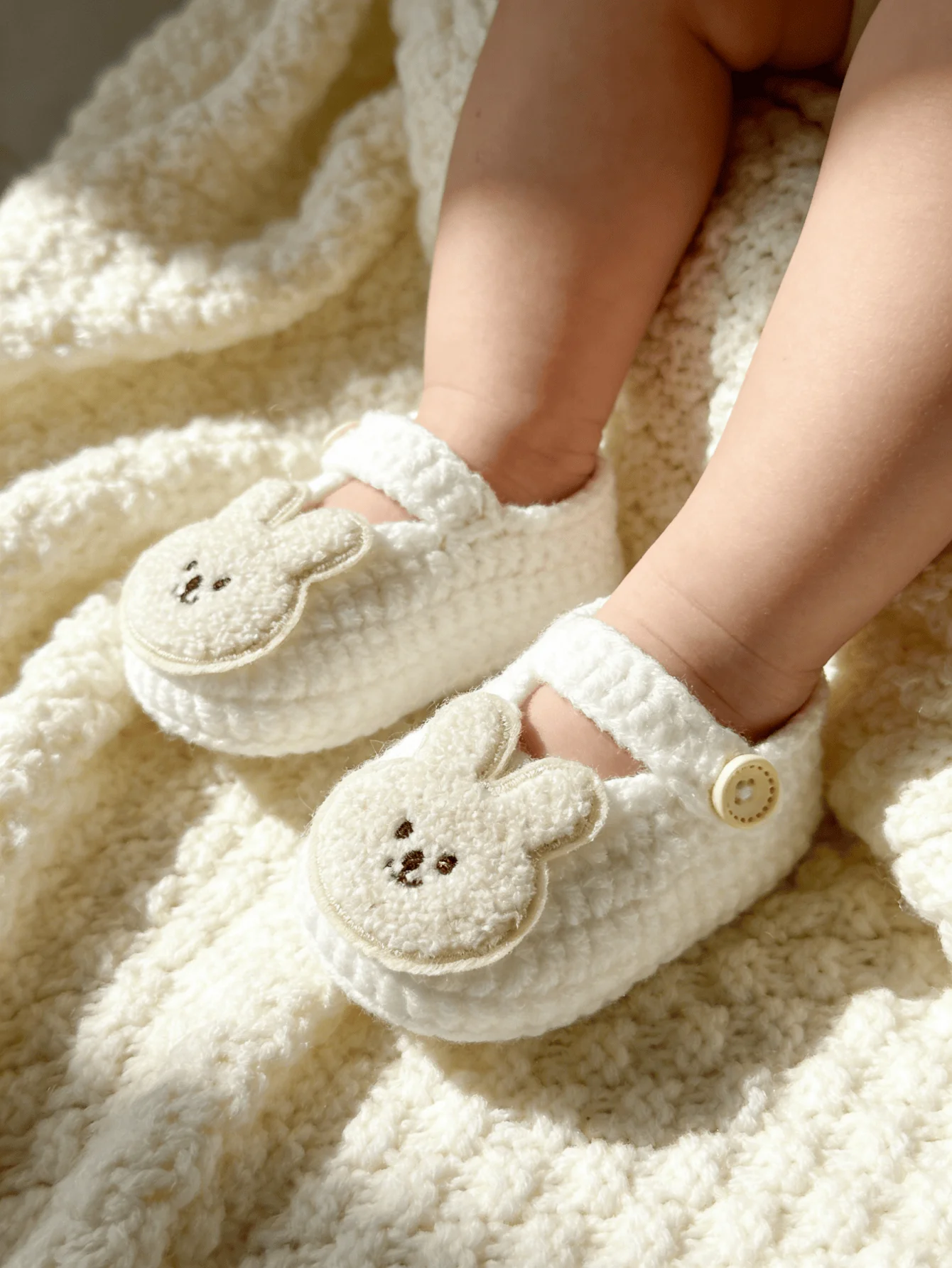 1 Pair Knit Baby Booties with Cute Rabbit Embroidery, White, Soft Crochet Infant Shoes with Button Strap