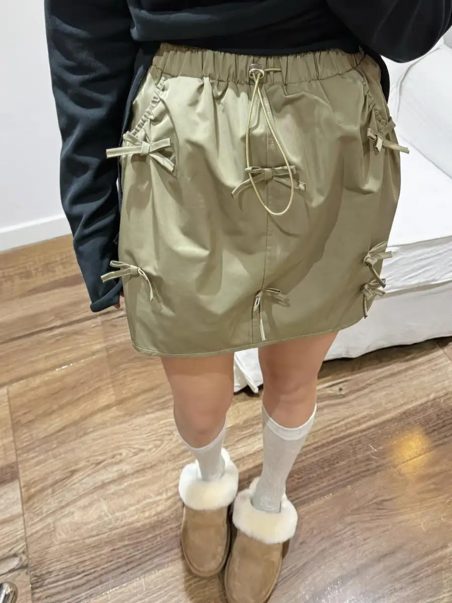 Wedbleser Korean 2025 Spring Summer New Style Elastic Waist Bow Green Workwear Wind Flower Bud A-line Half Length Short Skirts