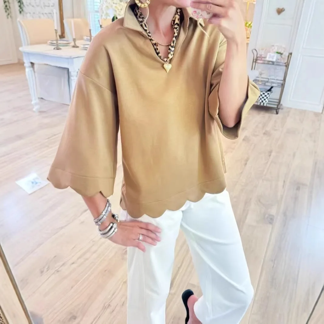 Women's Loose Collared Pullover Top, Autumn And Winter Solid Color Irregular Lace Flared Sleeve Temperament Top Vacation 2025