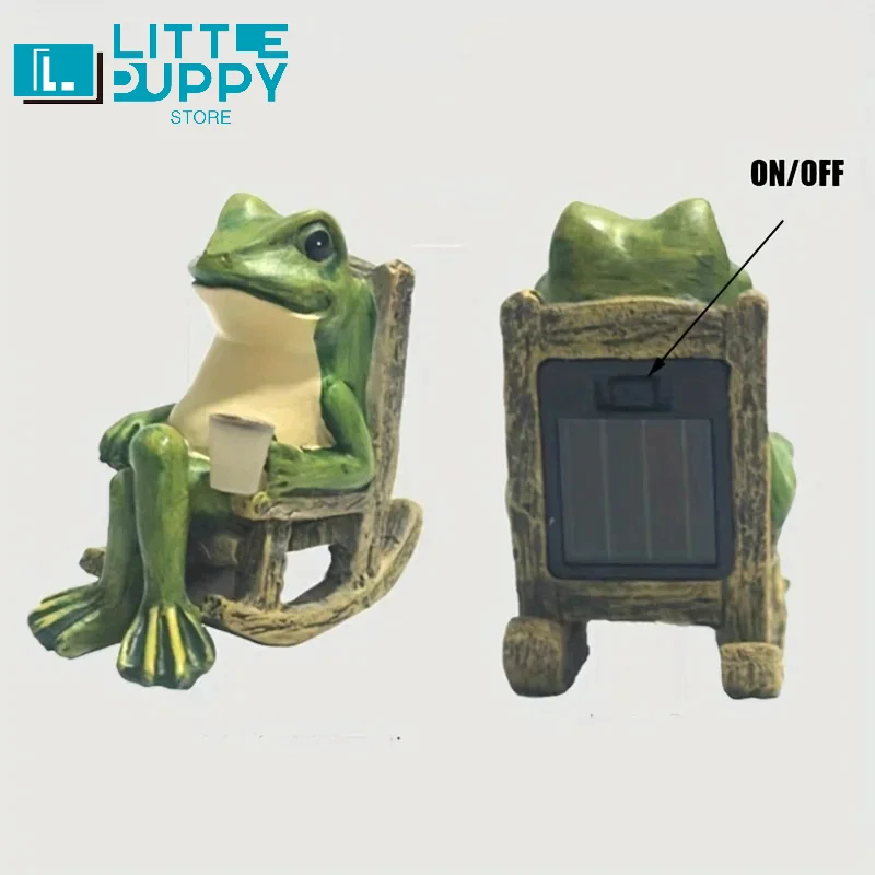 Solar Powered Rocking Chair Frog Garden Statue, Resin Frog Figurine Holding Cup Yard Patio Lawn Balcony Decor Ornament