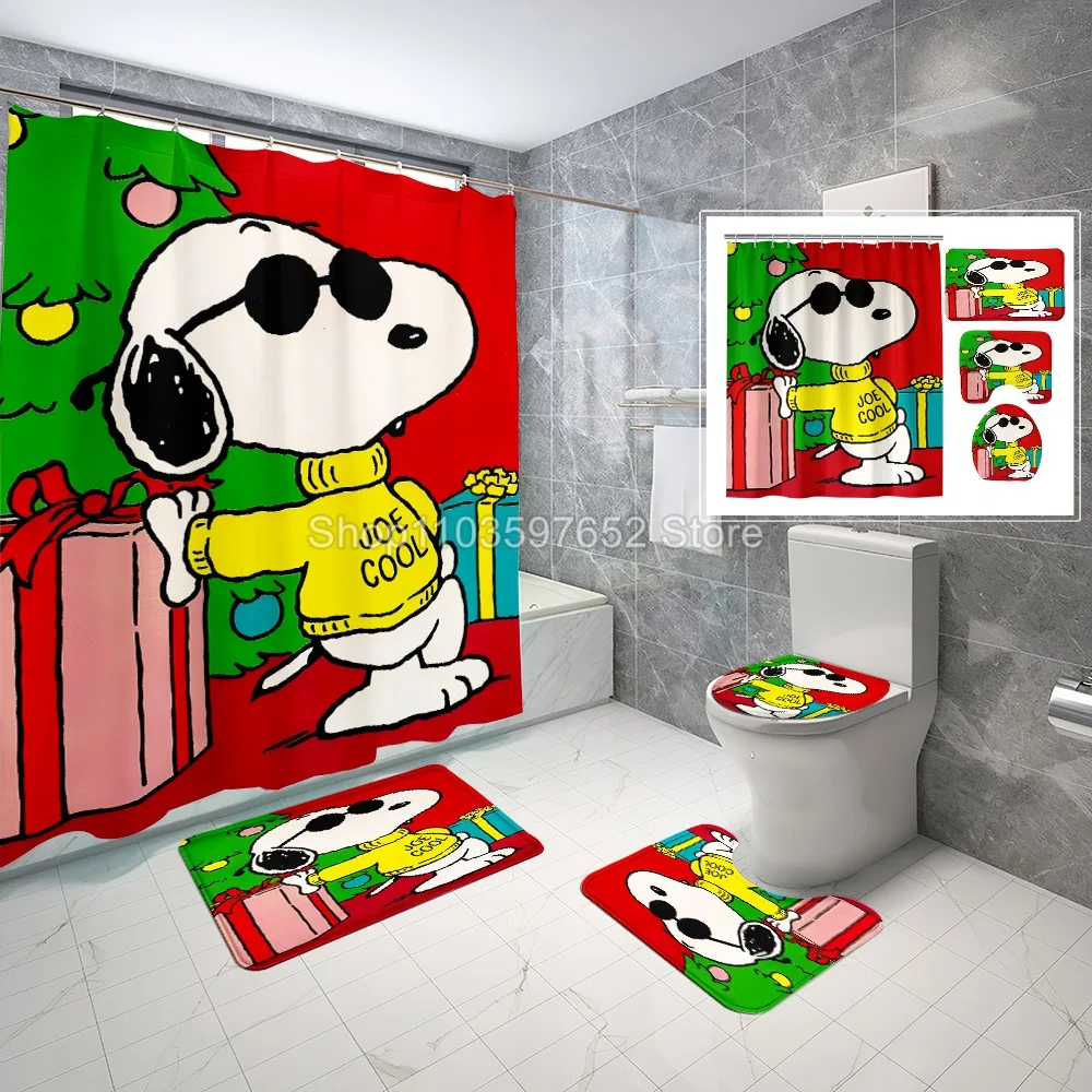 Cute Snoopy Bath Curtain 4PC Set Bathroom Shower Curtain Waterproof Curtains in the Bathroom Soft Bath Mat Toilet Carpet Rugs