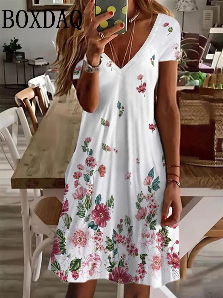 Women's Sundress Midi Dress Short Sleeve Floral Print Summer Casual V Neck Loose Dresses Plus Size 2024 Female Clothing Vestidos