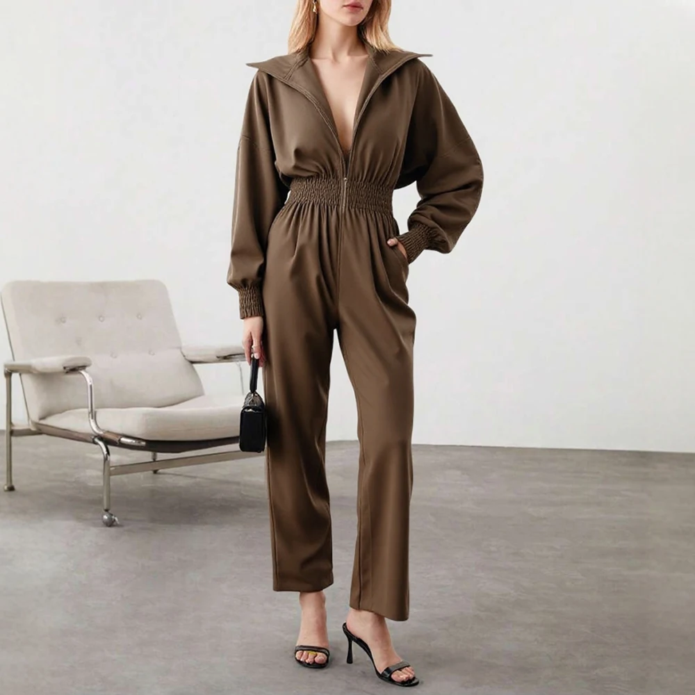 

Женские комбинезоны, осенний тренд 2025, однотонные, с длинными рукавами-фонариками, с лацканами, на молнии, с высокой талией, прямые комбинезоны