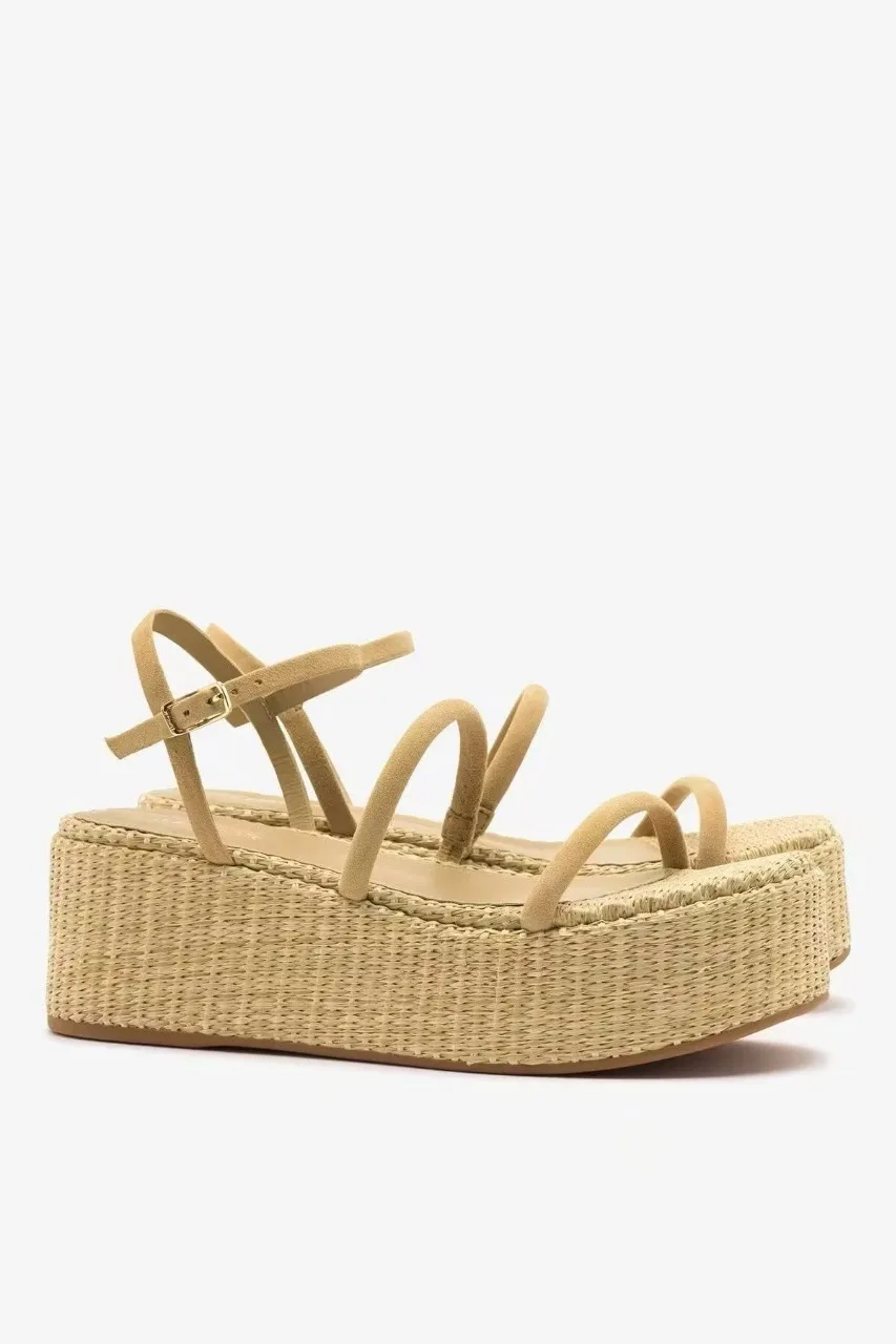 2026 New Women's Woven Platform Wedge Sandals Thin Strap Ankle Buckle Open Toe Summer Beach Casual Shoes Black Beige