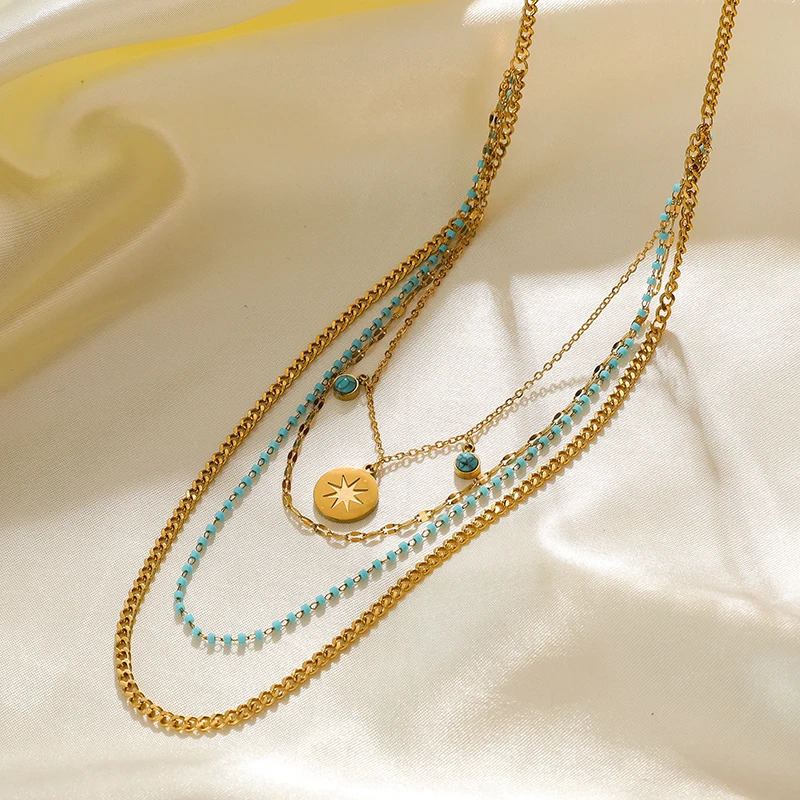 EILIECK 316L Edelstahl-Schmuck Mehrschichtige Halsketten mit grünem Steinanhänger für Damen Vintage Choker Halsketten-Accessoires – Detail 14