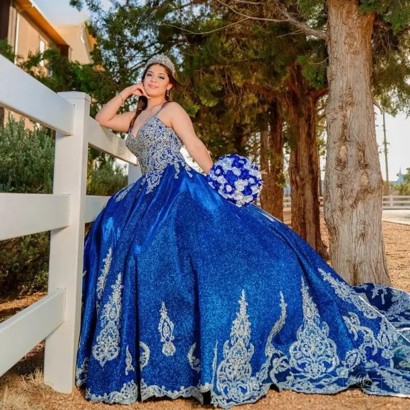 Customized Royal Blue Shiny Quinceanera Dress Ball Gown Silver Applique Beading Corset Sweet 16 Vestido De 15 Anos Elegant