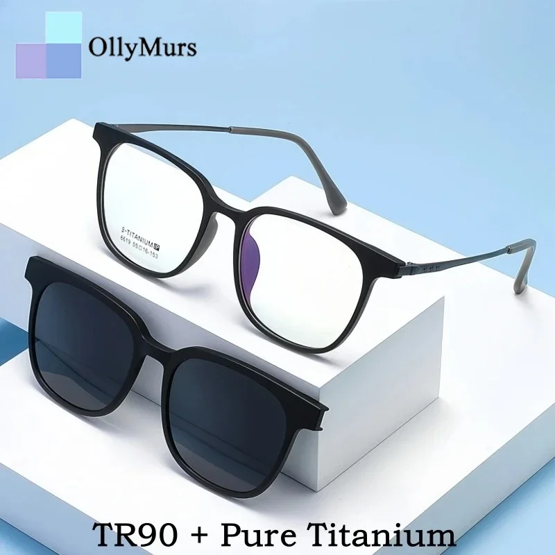 

OLLYMURS мужские поляризационные очки с магнитным зажимом TR90 из титанового сплава, большой размер, ретро, овальная оптическая оправа для очков по рецепту