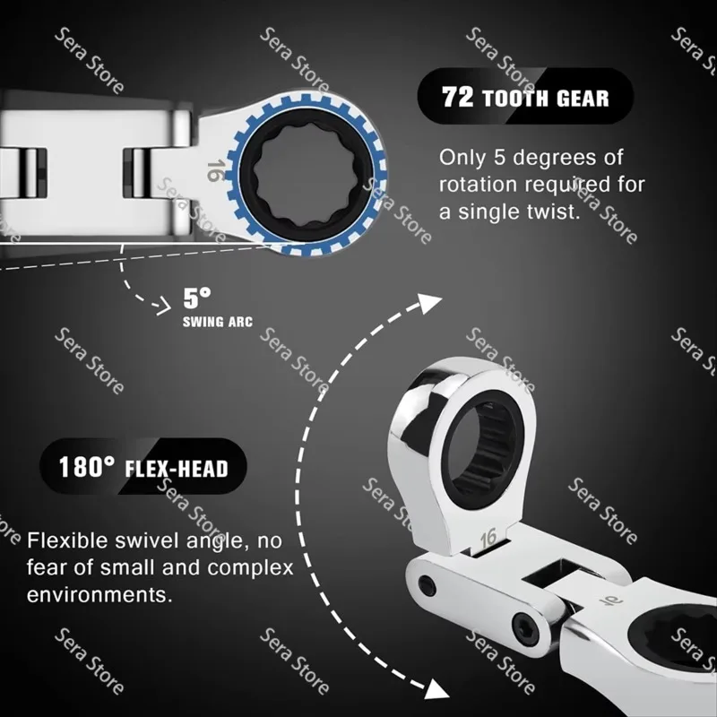 5-Piece Flex-Head Stubby Ratcheting Combination Wrench Set, Mini Wrench Set, Double Box End Flex-Head, Mini Spanner Set
