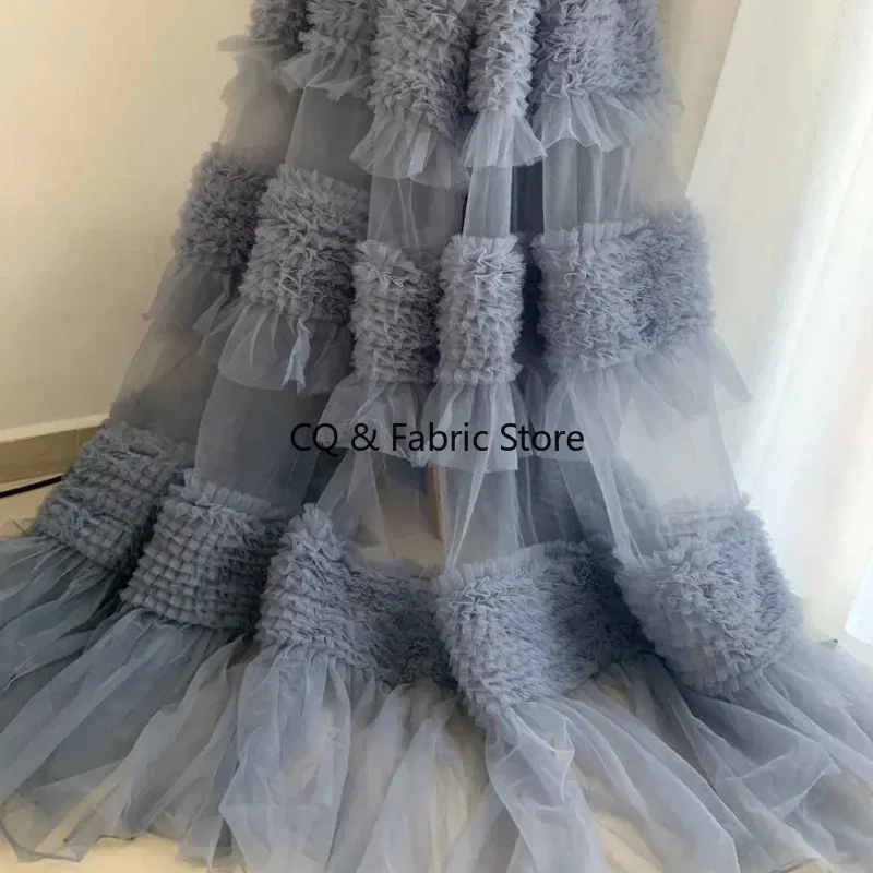 Tela de vestido de pastel de malla suave gris-azul, Material plisado de tul para vestido de pastel y vestido de fiesta hinchado, tela de diseñador