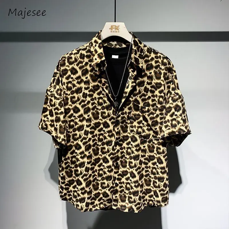 Mens Shirts Casual Slim Fashion High Street Summer Leopard Half Sleeve Breathable American Style Advanced Male Popular All-match