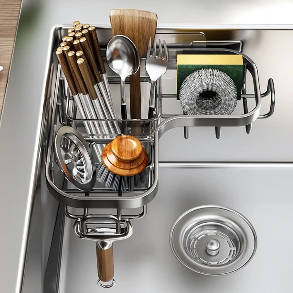 

Carbon Steel Sink Drain Rack Wall Mounted Space Saving Corner Dishcloth Storage Rack Waterproof No-Punching