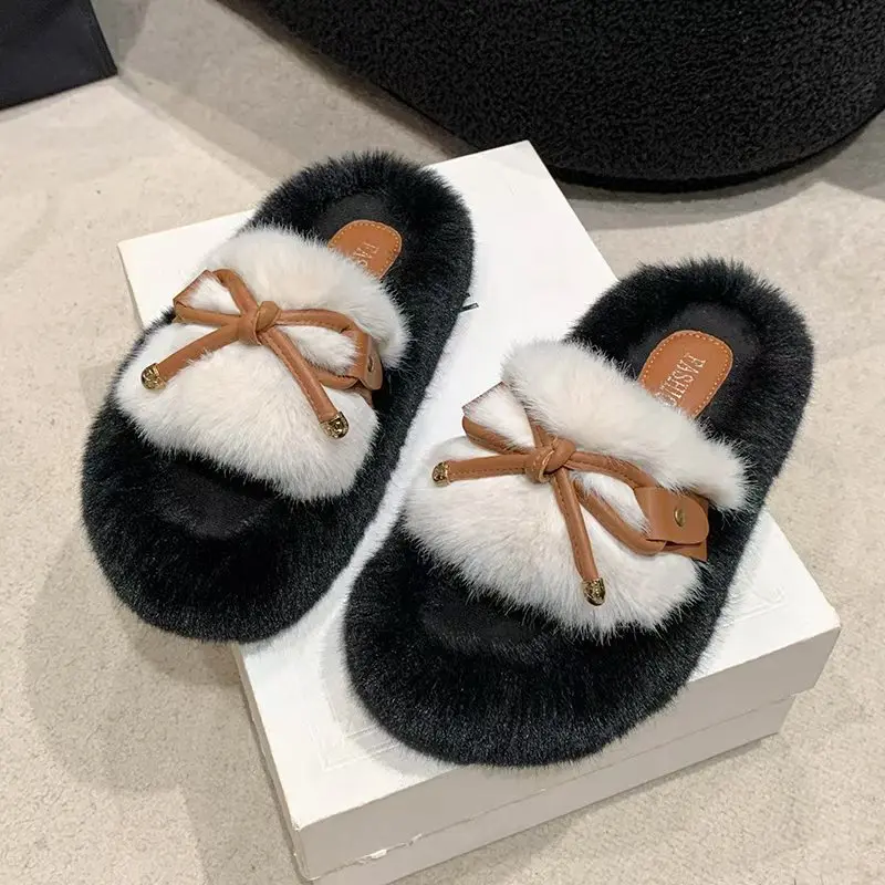 Fluffy Slippers Home Winter Casual Chain Designer Shoes Women Indoor Platform Plush Slides Girls 2024 Fashion Elegant Large Size