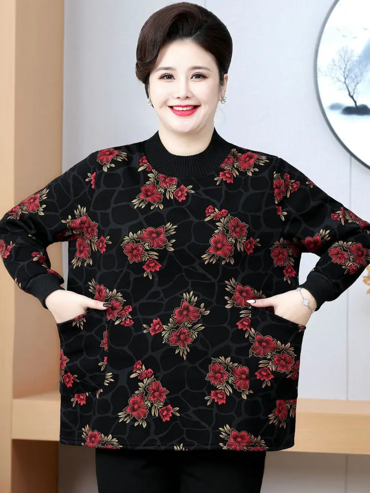 plus Size Women\'s Thickened Fleece Lined T-Shirt Warm Base Layer Shirt Autumn Winter Fashionable Loose Fit Breathable Garment