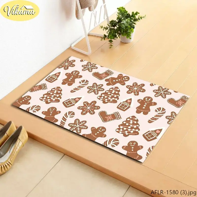VIKAMA Gingerbread Man Christmas Door Mat, Full-Print Holiday Design Non-Slip Entry Rug, Festive Decorative Carpet for Home