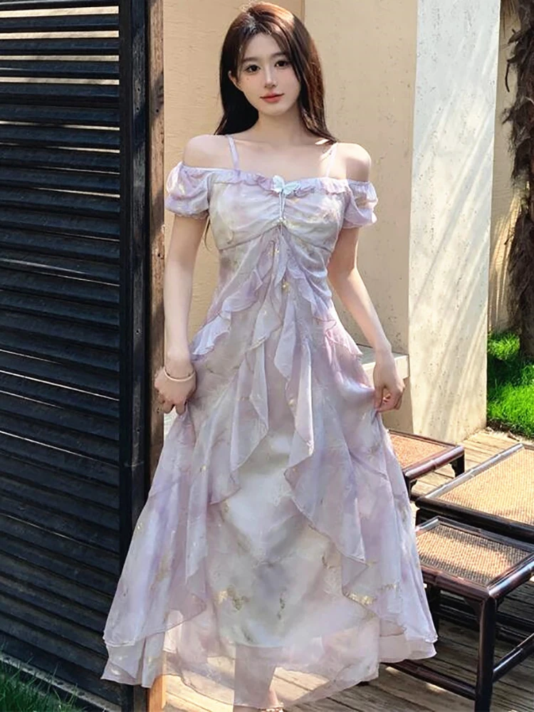

2025 Purple Print Chiffon Ruffled Chic Long Dress Summer Puff Sleeve Bow Square Collar Dress Women Korean Elegant Holiday Dress