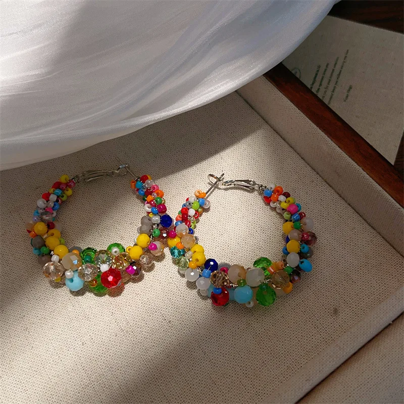 Bohemian Colorful Crystal Beads Hoop Earrings For Women Creative New Happy Color Statement Earrings Wholesale