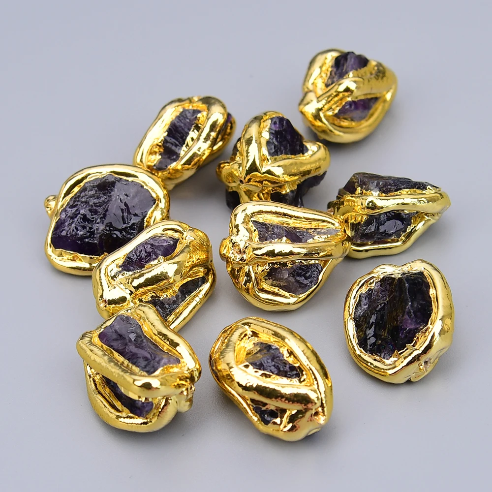 

APDGG 10 шт. натуральных необработанных бусин из фиолетового аметиста с золотым покрытием для изготовления ювелирных изделий своими руками