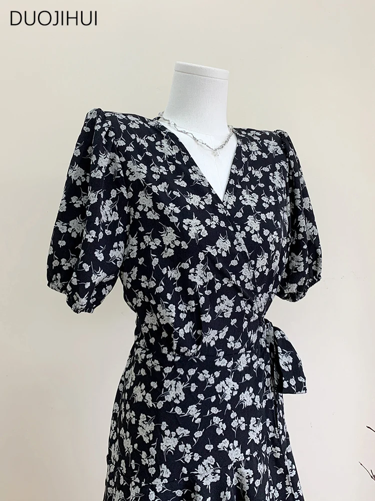 DUOJIHUI-vestidos con estampado Floral para mujer, ropa femenina con cuello en V, Estilo Vintage, elegante, coreano, a la moda, para oficina