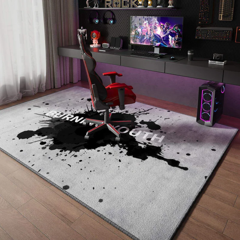 VIKAMA Minimalist Grey Ink Splatter Text Area Mat Anti Slip Washable Rug For Gaming Room Bedroom Man Cave Boys Trendy Home Decor
