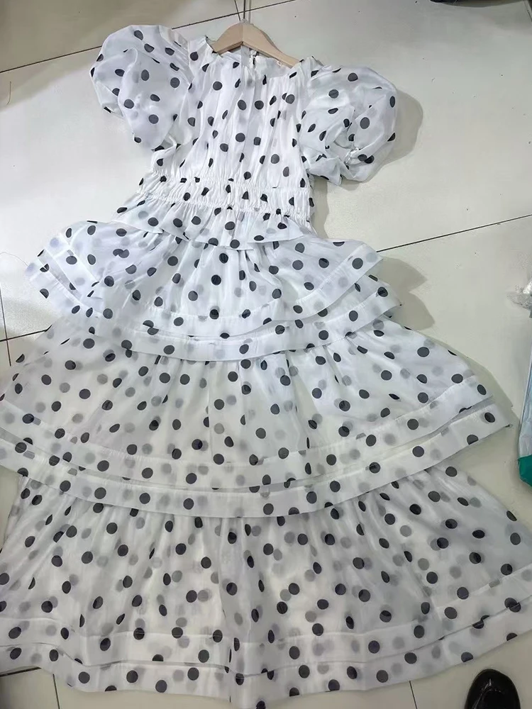 Retro polka dot print esticado-cintura camisa curta conjunto de duas peças para o verão 2025 roupas femininas + multi-camadas saia solta conjunto
