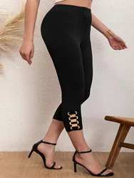 Elegant Plus Size Women's Capri Pants with Chic Metal Chain Detail High-Elasticity Fashionable Casual Solid Mid-Calf Trousers