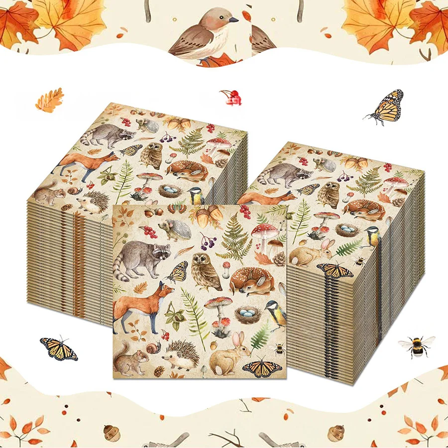 20Pcs Woodland Forest Animal Paper Napkins Disposable Serviettes Neutral Baby Shower Cottagecore DIY Decoupage Table Tissue