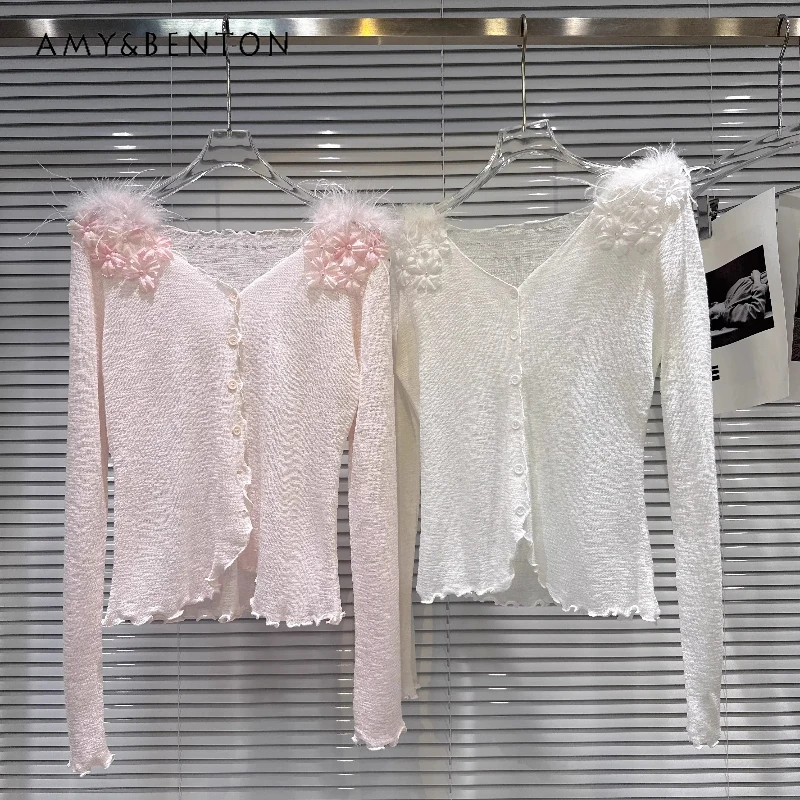 

Французский дизайн, модный женский вязаный свитер с объемными цветами, лето 2026, универсальный кардиган для женщин