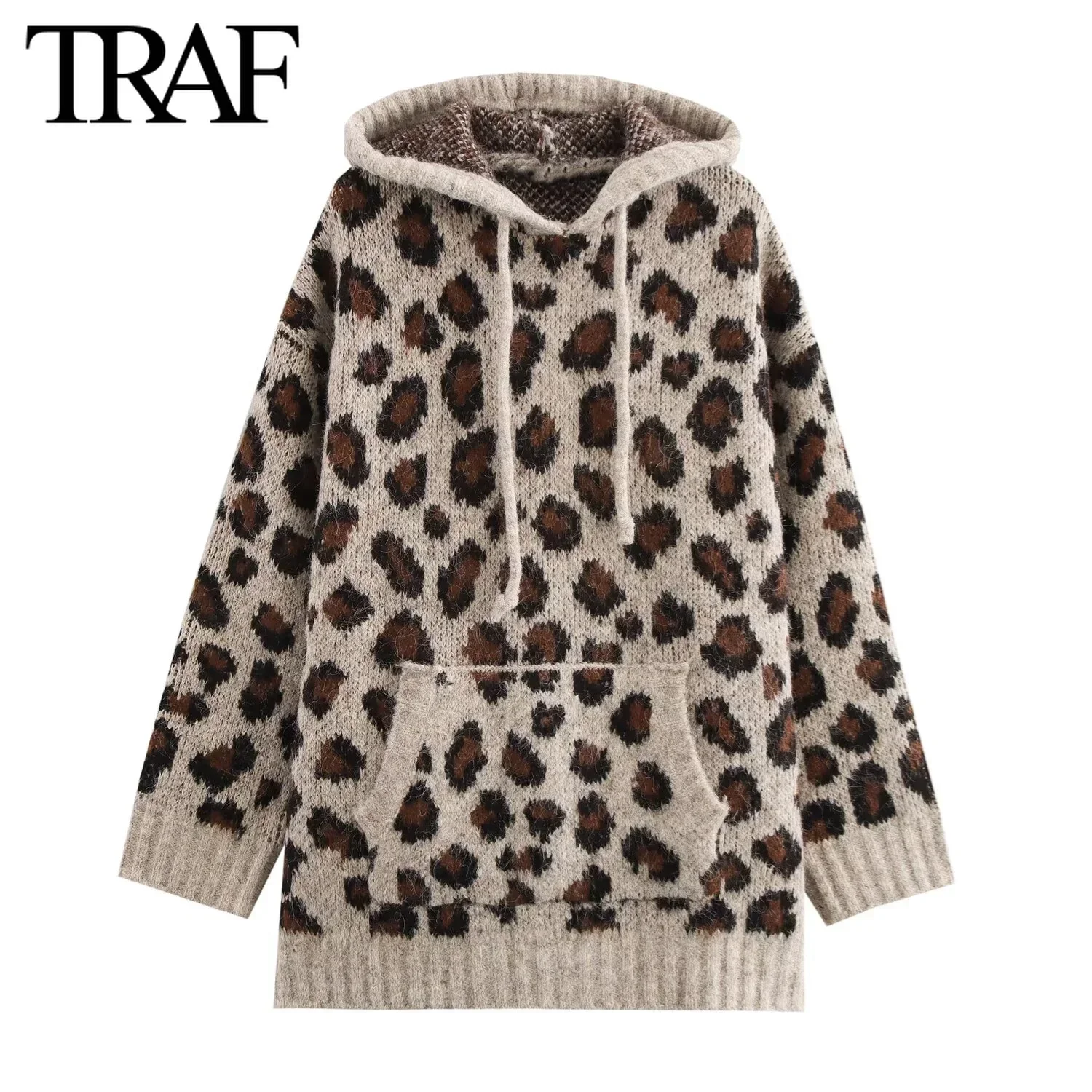 TRAF Knitted Sweatshirt Sweater for Women Fashion Autumn Winter  Animal Pattern Jacquard Hooded Chic Female Knit Sweaters Mujer