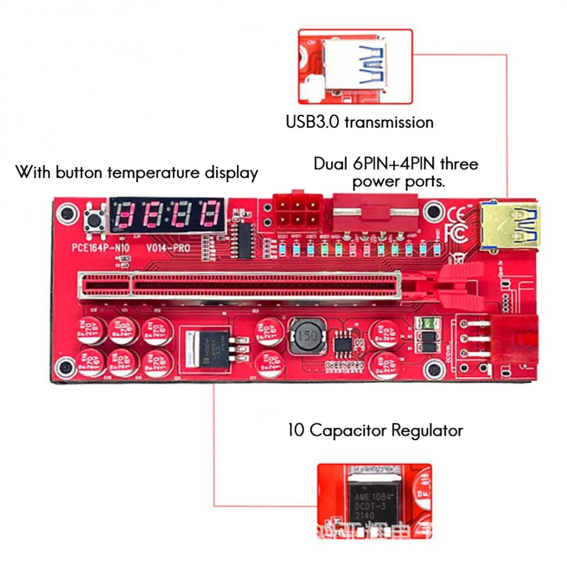 12 Pcs VER014 PRO PCI-E 1X to 16X Graphics Riser Card with 10 Capacitors/Temperature Probe for B250/B250C/B75 BTC Mining