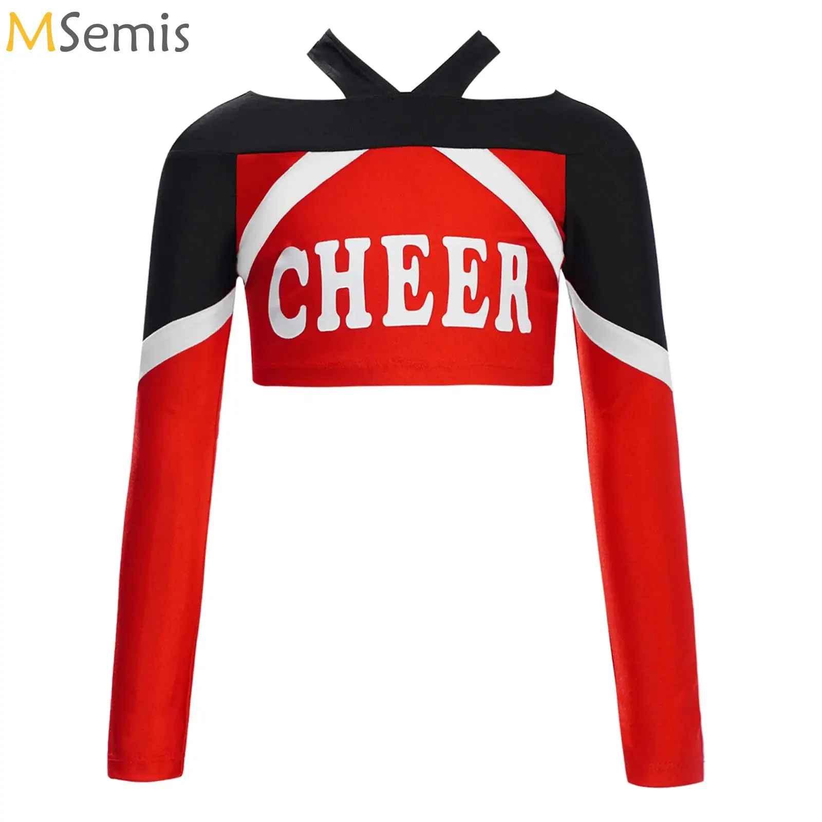 

Girls Cheerleader Uniform Dance Performance Costume Long Sleeve Color Block Cheers Print Crop Top Halloween Cheerleading Shirts