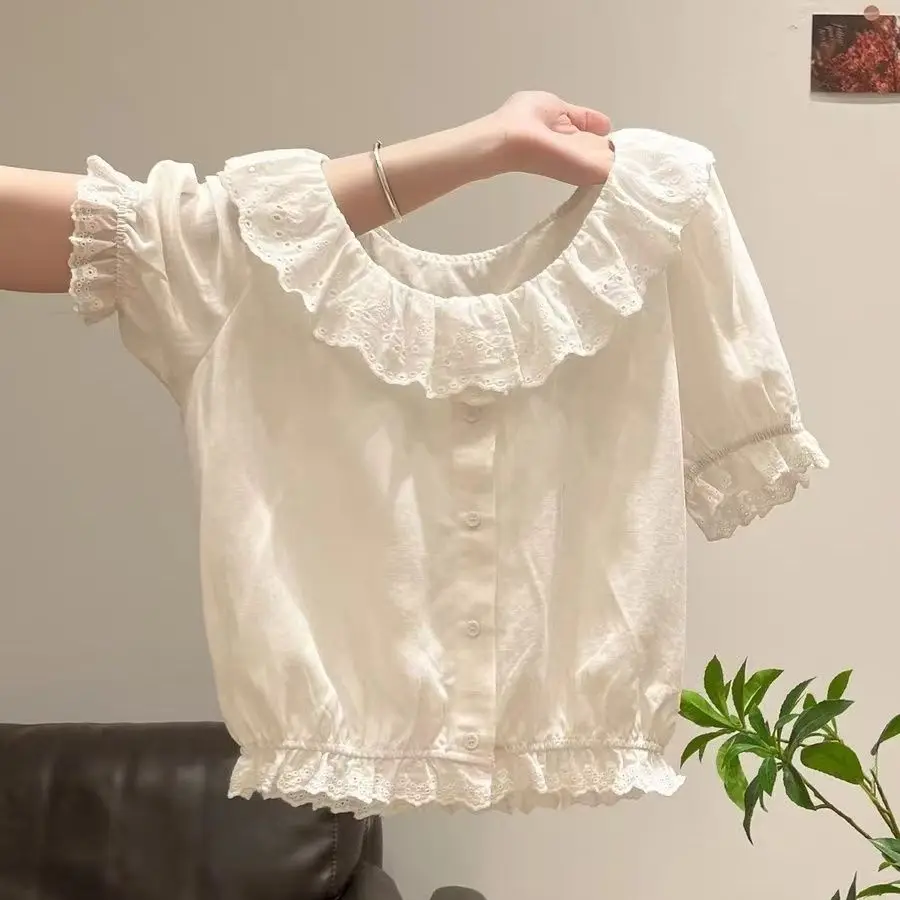 

Elegant Shirts Women Summer Fashion New Short Sleeve Crop Tops Sweet French Style Chic Blouse Ladies Casual Tops
