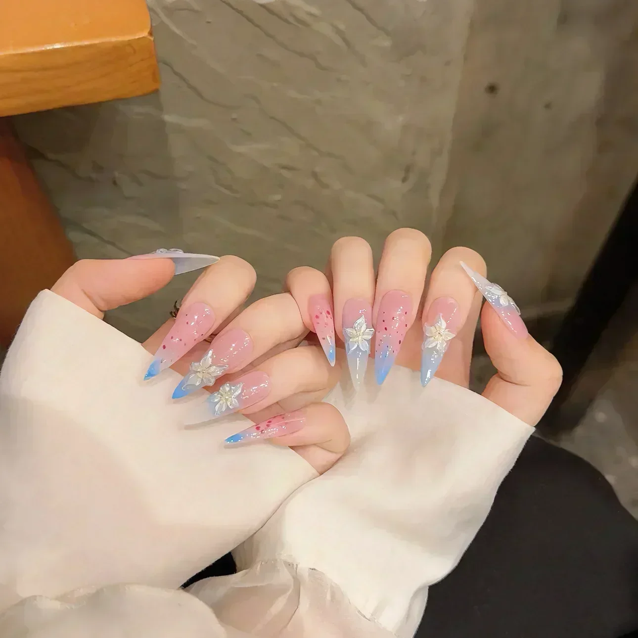 10Pcs Handmade Nails Set Press on Long Almond False Nail with Rhinestone Pink Camellia Design Reusable Full Cover Fake Nail Tips